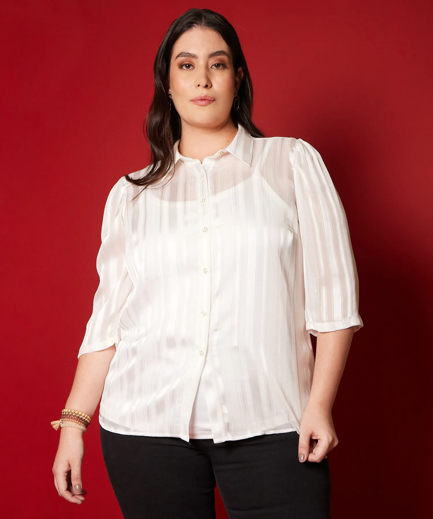 Camisa Manga Larga Tela Con Lurex Con Top Interno-