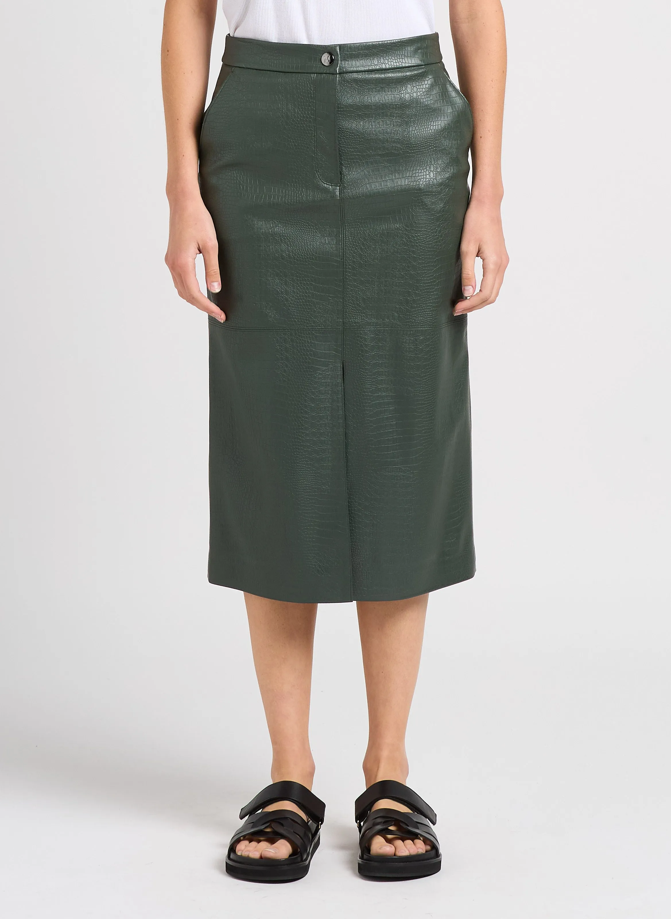 MAX MARA LEISURE ETHEL - Falda midi recta de talle alto efecto cocodrilo en verde