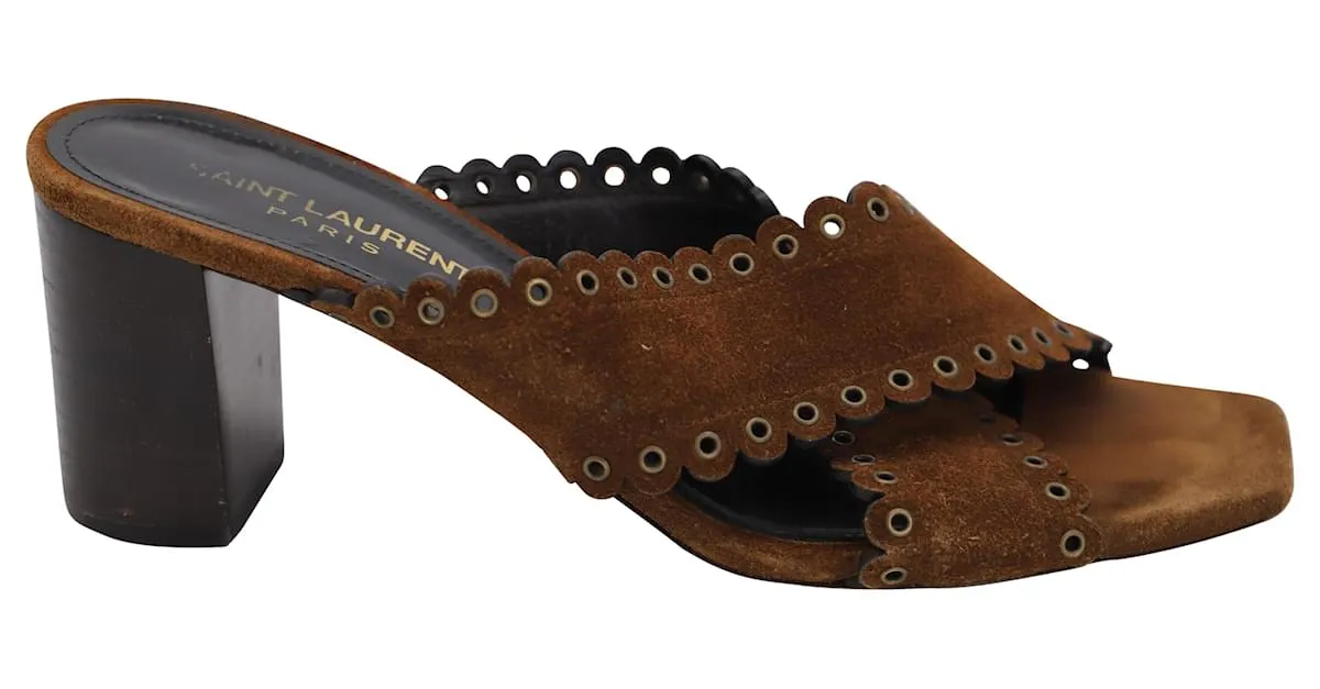Sandalias festoneadas Loulou de Saint Laurent en ante marrón Castaño 