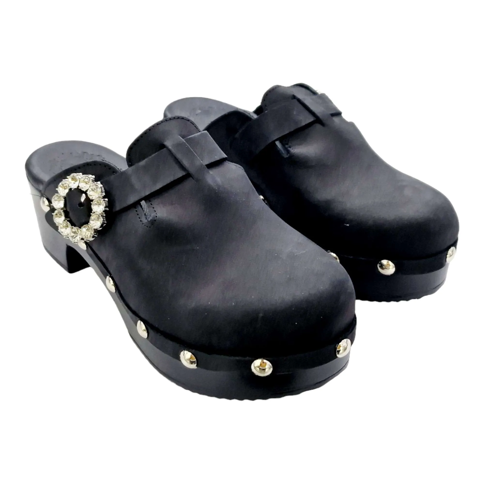 SANDALIAS MUJER ZUECO MADERA ADORNO HEBILLA CRISTAL NEGRO