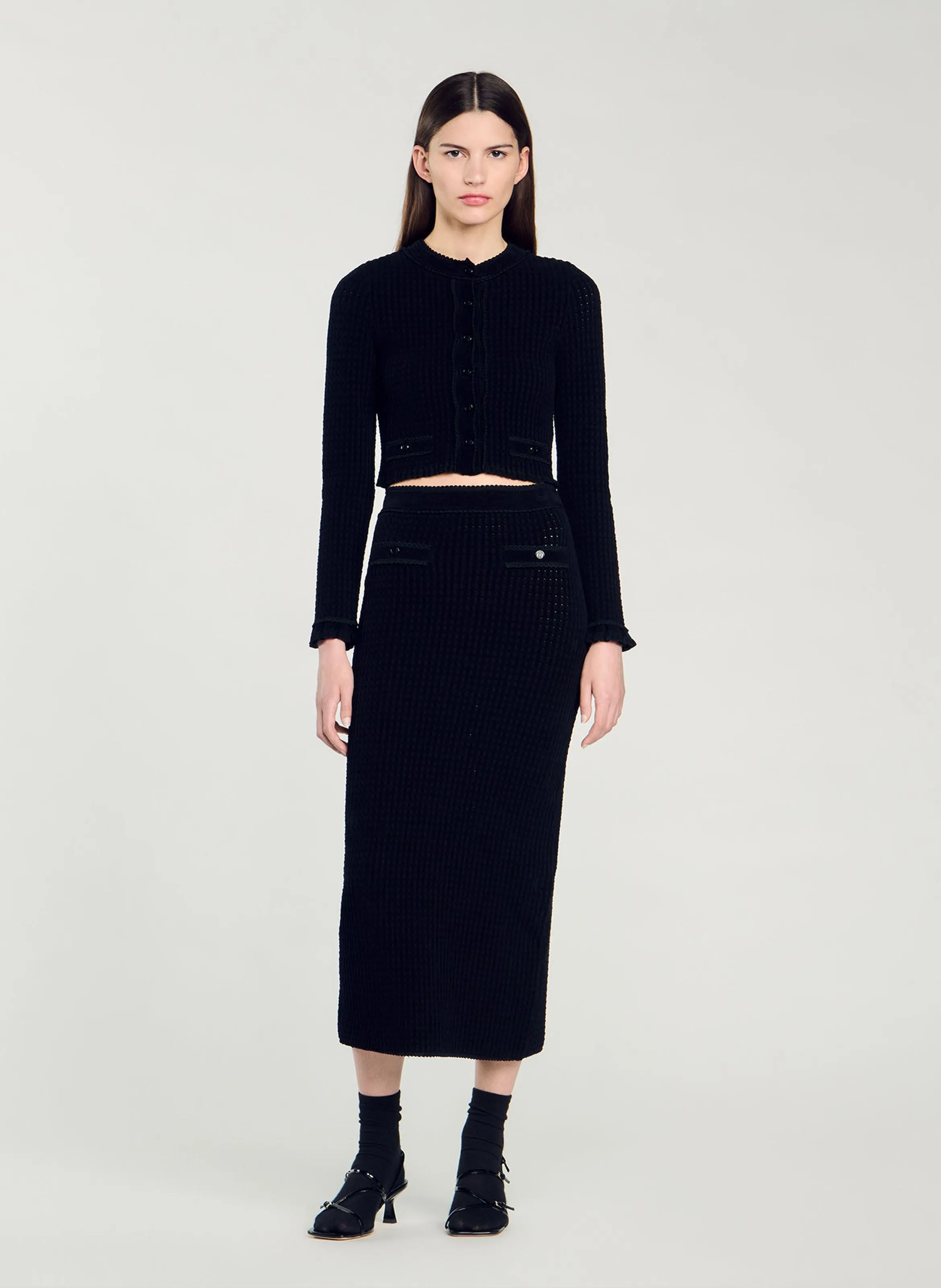SANDRO Falda midi recta en negro