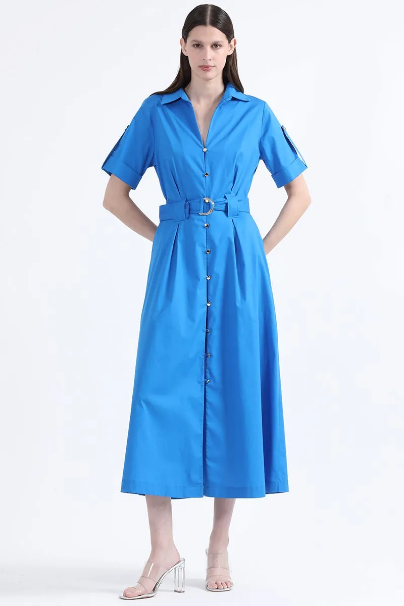 VESTIDO CAMISERO MAXI CON ALGODON, AZUL, COLECCIÓN ITALIA